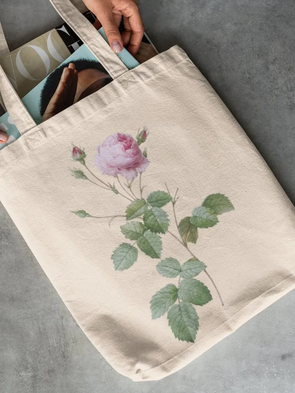 Cabbage Rose Vintage Floral Print Graphic Canvas Tote Bag